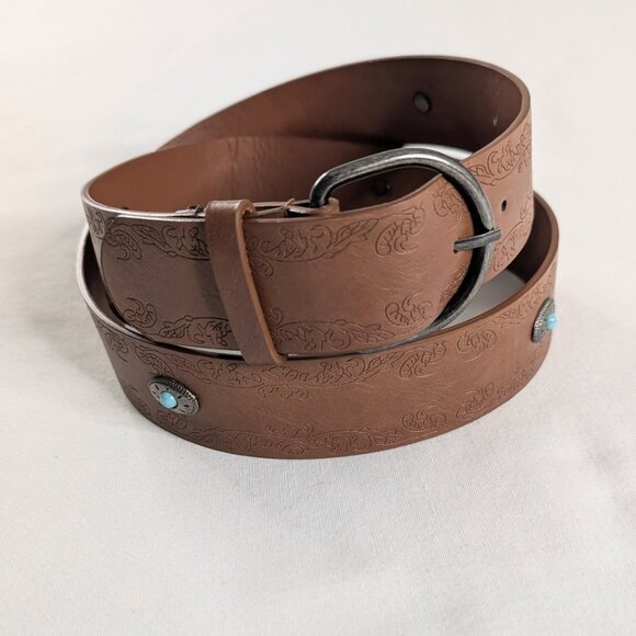 Vintage Accessories - VTG Brown Tan Faux Tooled Leather Teal Silver Gem Silver Buckle Western Belt